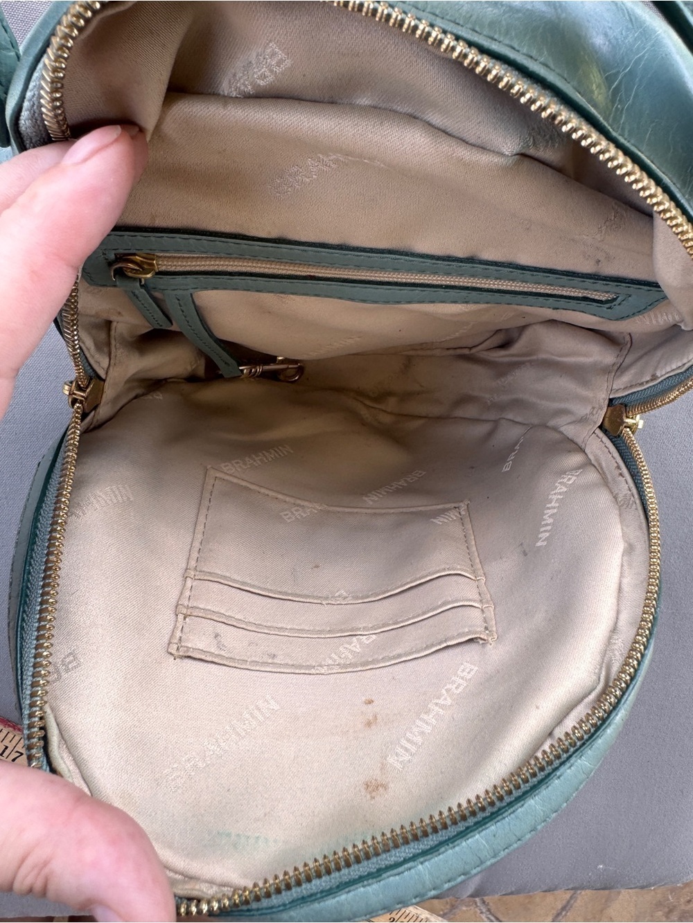 Brahmin Lane Circle Crossbody Bag Sage Green Leather Round Tassel Top Handle - Picture 15 of 16